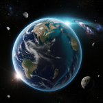 A breathtaking view of a planet adorned with shimmering floating crystal asteroids, showcasing the stunning beauty and wonder of the cosmic landscape.