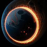 A planet with glowing cracks resembling lava veins, showcasing fiery geological features.