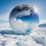 A distant planet entirely covered in reflective, pure ice, glowing under the light of a distant sun, showcasing its icy surface and celestial beauty.