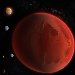 A planet orbiting twin red dwarf stars, showcasing the fascinating binary star system and potential for unique planetary phenomena.