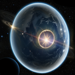 A mesmerizing view of a planet orbiting the powerful beam of a neutron star, showcasing the dramatic interplay of light and shadow in the vast cosmos.