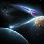 A planet gracefully orbiting a pulsar, with beams of light illuminating the cosmic dance, showcasing the wonders of the universe.
