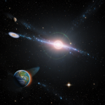 A planet in orbit around a vibrant quasar energy stream, showcasing celestial dynamics and cosmic forces at play.