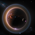 A vibrant illustration of a planet orbiting a majestic ringed brown dwarf, showcasing the celestial beauty and unique dynamics of this cosmic phenomenon.