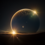 A breathtaking view of a planet with three suns rising at dawn, casting vibrant light and shadows across the landscape, creating a celestial spectacle.