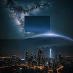 A portal to another galaxy hovering above city skyscrapers, illuminating the night sky with cosmic colors and offering a glimpse into the universe beyond.