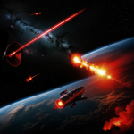 A breathtaking view of a red dwarf star emitting vibrant flares against a dark cosmic background, ideal for astronomy enthusiasts and cosmic art lovers.