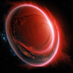 A breathtaking view of a red storm swirling on a distant exoplanet, showcasing the dynamic and vibrant atmosphere of this celestial body.