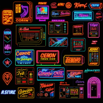 A vibrant collage of retro arcade neon signs, showcasing colorful and nostalgic designs reminiscent of classic arcade days, perfect for vintage decor inspiration.