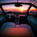 A retro synthwave car driving into a vibrant sunset, with neon lights and nostalgic vibes creating a mesmerizing visual journey.