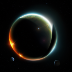 A stunning ringed exoplanet with a luminous, glowing atmosphere set against a dark space background, showcasing the wonder of the cosmos.