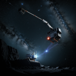 A robot actively mining on the surface of an asteroid, showcasing the technological advancements in space exploration and resource extraction.