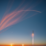 A rocket launching into the sunset sky, creating a stunning visual spectacle with its trail blending beautifully with the vibrant colors of dusk.