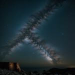 A stunning view of rocky cliffs set against the backdrop of Saturn in the night sky, showcasing the beauty of earthly and cosmic elements together.