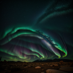 A captivating rocky desert landscape under a vibrant aurora-filled sky, showcasing the breathtaking interplay of light and natural beauty.