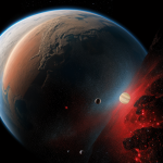 An artist's impression of a rocky exoplanet orbiting a distant red dwarf star, showcasing its unique landscape and potential for habitability.