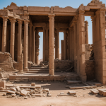 A captivating view of an ancient ruined temple in the desert, showcasing the intricate architectural details and arid surroundings.