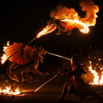 A samurai bravely battles a fire-breathing dragon, showcasing a legendary and mythical confrontation filled with fiery action and heroic valor.