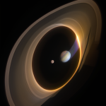 Saturn's majestic rings reflecting the enchanting light of a distant nebula, creating a captivating celestial display in the vastness of space.