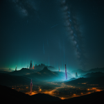 A stunning sci-fi landscape featuring glowing towers that illuminate the night sky, showcasing futuristic architecture and vibrant colors.