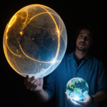 A scientist holds a glowing orb of energy, symbolizing innovative potential in scientific exploration and technology.
