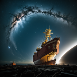 A breathtaking image of a ship breaking through ethereal space clouds, illustrating a cosmic voyage with stunning light and shadow play.