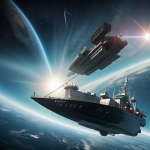 A starship fleeing a planet as it faces imminent destruction, illustrating an intense sci-fi escape scenario.