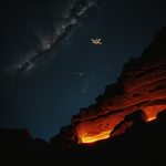 A futuristic ship hovers above a fiery lava world, contrasting against the glowing red and orange hues of the molten landscape, evoking a sense of adventure.