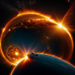 A ship caught in a dramatic solar flare, showcasing the intense and colorful explosion of solar energy in space with visible effects on the vessel.