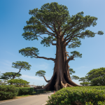 A spaceship gracefully lands on a colossal alien tree, blending science fiction with nature in a stunning extraterrestrial landscape.