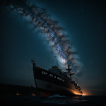 A lone ship navigates through an endless nebula, surrounded by vibrant colors and swirling cosmic gases, portraying a mysterious and enchanting space scene.