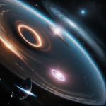 A futuristic spaceship gracefully orbiting around a supermassive black hole, showcasing the immense gravitational pull and cosmic phenomena.