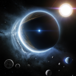 A spaceship orbits a shattered Dyson sphere, showcasing a breathtaking cosmic scene with advanced technology and interstellar exploration themes.