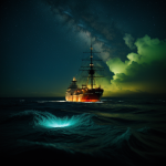 A majestic ship sails across a glowing alien sea with luminous waves, creating a surreal and mysterious ambiance in an otherworldly landscape.