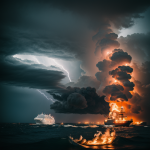 A ship bravely sails through a storm of fire, battling fierce waves and fiery winds in a dramatic display of nature's power and human courage.