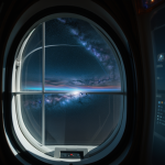 A breathtaking view from a spaceship window of the galaxy core, featuring vibrant stars and cosmic formations in the vast universe.