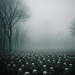 An army of skeletons marches through a dense mist, creating an eerie and mysterious atmosphere, illustrating a scene of dark fantasy and haunting visuals.