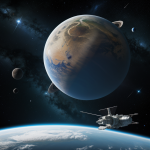 A futuristic space arcology orbiting a vibrant gas giant, showcasing advanced technology and self-sustaining habitats in the cosmos.