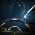 A space bridge gracefully arches between two distant moons, showcasing a potential marvel of interstellar travel and cosmic exploration.