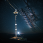 A futuristic space elevator tether glimmering against the backdrop of space, symbolizing advancements in space travel and engineering.