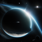 A stunning depiction of a space megastructure encircling a black hole, illustrating the interplay of light and cosmic engineering in the vast universe.