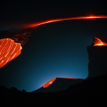 A space probe hovering over a glowing lava world, capturing stunning imagery of fiery planetary surfaces and cosmic exploration.