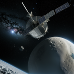 A space probe navigating near a distant comet, showcasing the marvels of space exploration and technological advancements in astronomy.