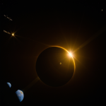 A stunning view of a space station silhouetted against the sun, showcasing the interplay of light and shadow in a cosmic setting.