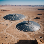 A futuristic spaceport hovers above a vast desert world, showcasing the blend of advanced technology and natural beauty in a sci-fi setting.