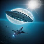 A spaceship hovering above a vast alien ocean, hinting at the mysteries of space and otherworldly exploration, surrounded by a cosmic landscape.