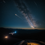 A futuristic spaceship zooms through the galaxy, chasing a dazzling meteor shower, capturing the thrill and beauty of space exploration.