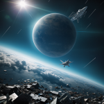 A spaceship skillfully flying through a dense field of space debris, showcasing the challenges and excitement of navigating through an asteroid field.