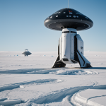 A sleek spaceship descends onto a mysterious icy planet, its metallic hull shining against the stark frozen landscape, ready for exploration.