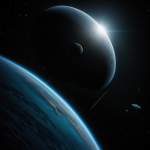 A futuristic spaceship gracefully orbiting a massive black hole, showcasing the dynamic interplay between technology and the powerful gravitational forces of the cosmos.